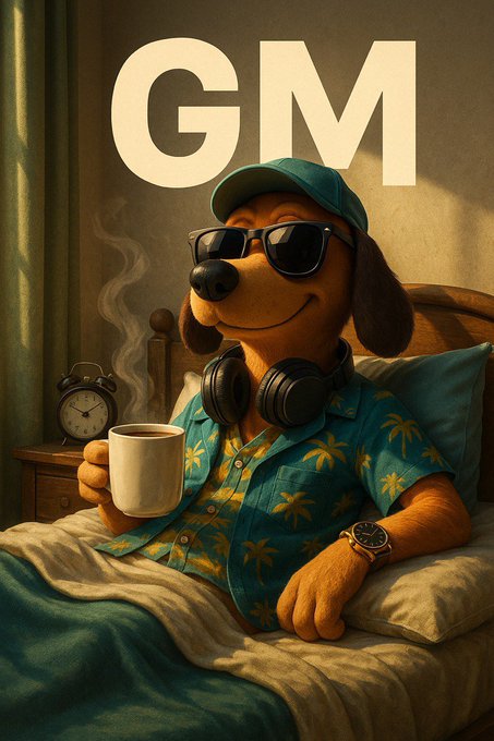A stylized 'GM' (Good Morning) illustration features a cool dog wearing sunglasses, a teal cap, headphones around its neck, and a Hawaiian shirt, holding a steaming coffee mug while lounging in bed next to an alarm clock.