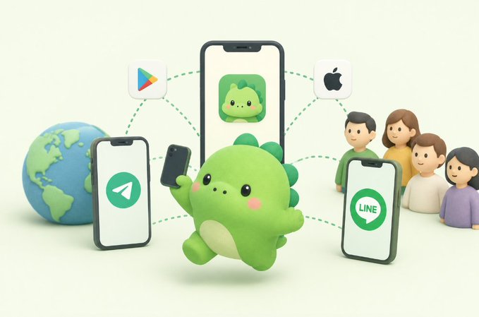 A 3D illustration of a green dinosaur mascot surrounded by smartphones displaying app icons for Google Play, Apple, Telegram, and LINE, with a globe and cartoon figures.