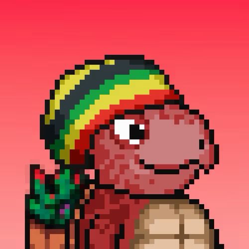 A pixel art illustration of a red dinosaur-like character wearing a yellow, green, and black beanie against a gradient pink and orange background.