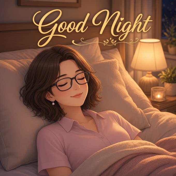 An illustrated digital artwork of a woman with brown hair and glasses sleeping peacefully in bed under a blanket, with the text 'Good Night' displayed at the top.