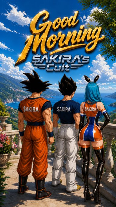 Anime-style artwork with the text 'Good Morning SAKIRA's Cult', depicting three characters from behind in Dragon Ball-inspired outfits, looking out over a coastal landscape.