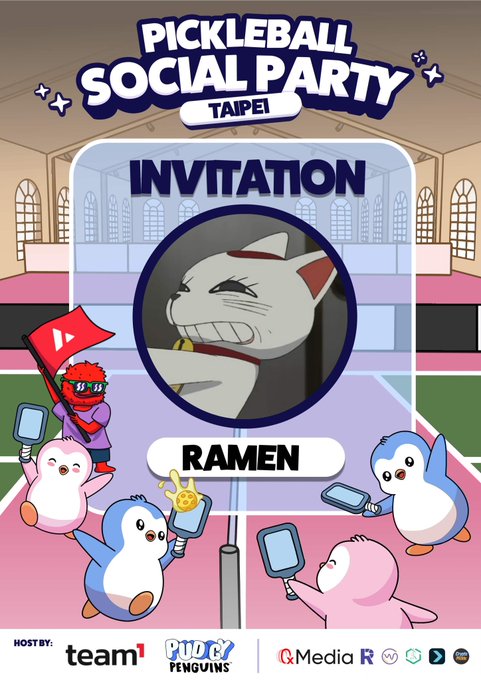 An invitation graphic for a 'PICKLEBALL SOCIAL PARTY TAIPEI' featuring cartoon penguins playing pickleball and a central character labeled 'RAMEN', hosted by team1 and Ping Pong Penguins.