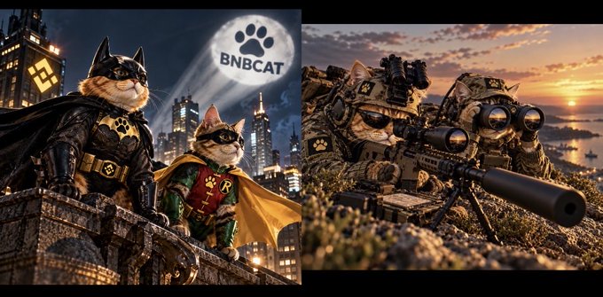 The image features cats dressed as Batman-style superheroes on a Gotham-like rooftop with a "BNBCAT" paw print logo projected like a bat signal, alongside a sniper-style cat soldier. The caption relates to the post by depicting a vigilant, team-based leadership aesthetic—showcasing a dynamic duo of costumed cats ready to defend and grow the $BNBCAT project, emphasizing the "bigger, stronger team" and tactical, strategic approach mentioned in the message.