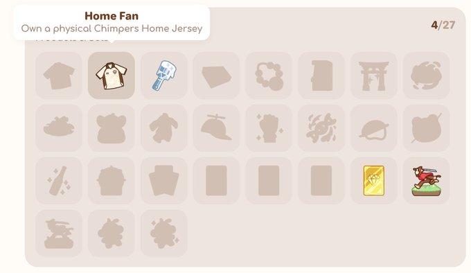 A digital achievement/bingo board titled "Home Fan" showing progress (4/27) for owning a Chimpers Home Jersey, with various silhouette icons and a few revealed items including a jersey, a ticket, and a character figure.