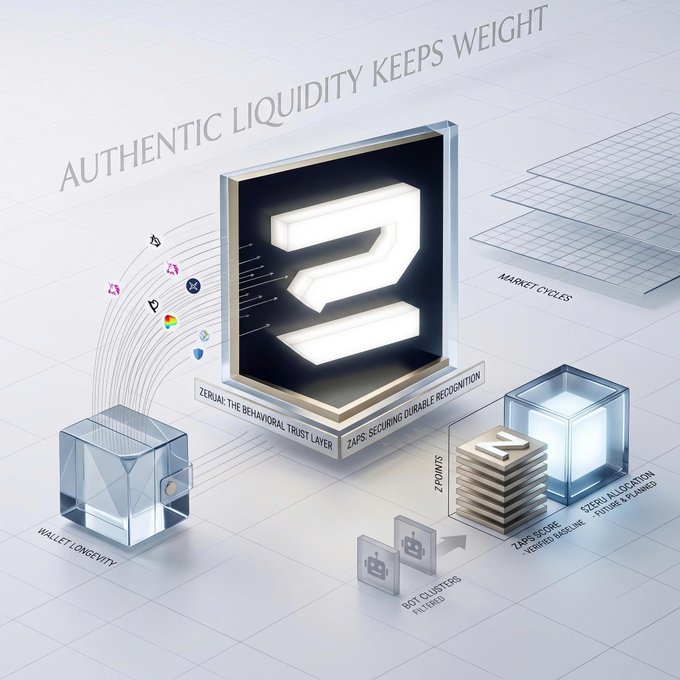 An infographic titled 'AUTHENTIC LIQUIDITY KEEPS WEIGHT' features the ZeruAI logo and elements like 'BEHAVIORAL TRUST LAYER', 'ZAPS: SECURING DURABLE RECOGNITION', and 'BOT CLUSTERS FILTERED'.