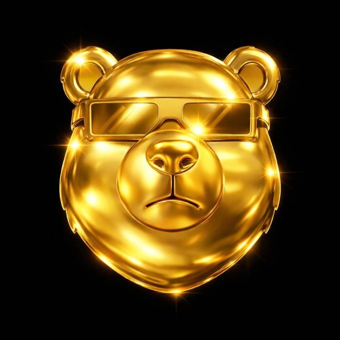 A glossy golden bear head wearing sunglasses with sparkling highlights on a black background, visually representing the "CONSO BOTS" Sui NFT mascot referenced in the conso.xyz post about mobile node NFTs that boost mining. The luxurious gold rendering evokes the value and rarity of the NFT collection.