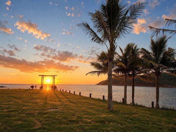A scenic sunset view over the ocean with silhouetted palm trees, a grassy lawn, and a wooden swing structure by the shore.