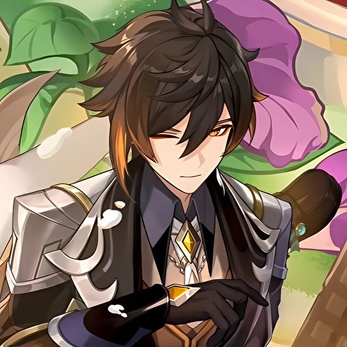 An anime-style illustration depicts a dark-haired male character with one eye covered by his bangs, wearing ornate white, black, and gold clothing with a purple flower in the background.