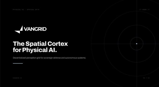 A dark minimalist website for "VANGRIID" reading "The Spatial Cortex for Physical AI." with the subtitle "Decentralized perception grid for sovereign defense and autonomous systems."