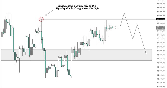 A BTC/USD candlestick chart showing price consolidation around $65,000–$65,600, with a red circle marking a prior high labeled "Sunday scam pump to sweep the liquidity that is sitting above this high," and an arrow projecting a potential move up to sweep the high before retracing downward into the highlighted $63,600–$64,200 demand zone.