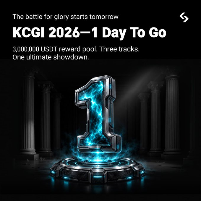 A promotional graphic reading 'The battle for glory starts tomorrow, KCGI 2026—1 Day To Go, 3,000,000 USDT reward pool. Three tracks. One ultimate showdown,' featuring a glowing blue countdown number '1' in a sci-fi pedestal.