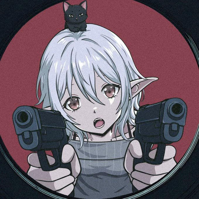 Anime-style illustration of a white-haired elf character with pointed ears, holding two handguns pointed at the viewer, with a small black cat perched on her head against a red circular background.