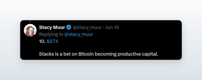 A screenshot of a tweet from Stacy Muur (@stacy_muur) dated June 19, replying to herself with the numbered point "10. $STX" followed by the statement "Stacks is a bet on Bitcoin becoming productive capital," visually highlighting $STX as the tenth point in a list aligning with the message that Stacks supports Bitcoin's growth.