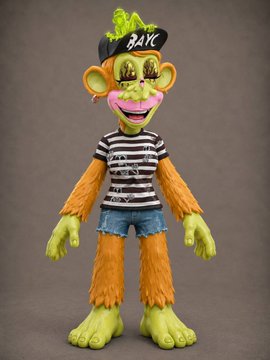 A vibrant, anthropomorphic monkey figurine wears a "BAYC" cap adorned with a green pickle and a striped black-and-white shirt, fitting the "Ladies of BAYC" NFT collection theme featured in the post. The colorful character poses against a neutral background, embodying the playful aesthetic of the Bored Ape Yacht Club community.