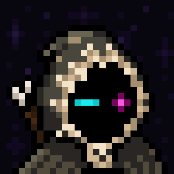 A pixel art character with wild gray hair and heterochromatic eyes (cyan and magenta) set against a dark purple background with plus symbols.