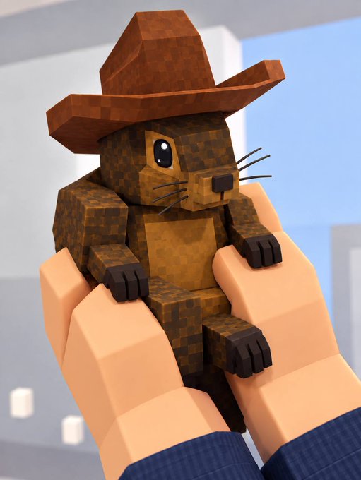 A pixel-art style 3D rendering of a small brown creature or beaver wearing a cowboy hat, being held up by two hands.