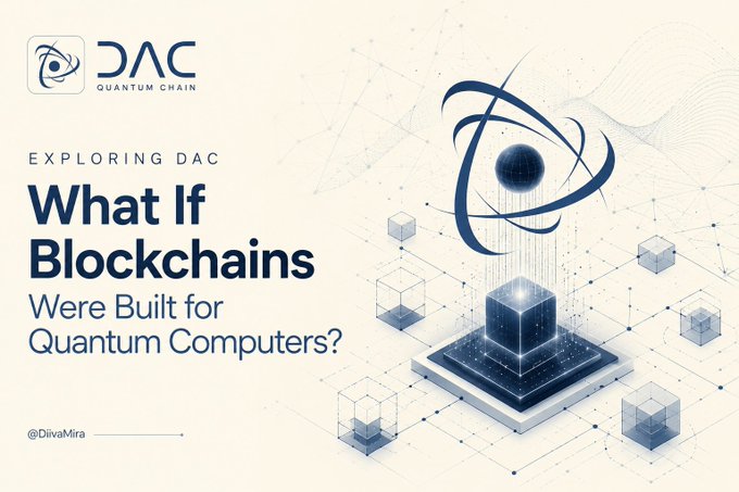 Promotional banner for DAC Quantum Chain titled "EXPLORING DAC: What If Blockchains Were Built for Quantum Computers?" by @DivaMira, featuring an atom logo and digital cubes.