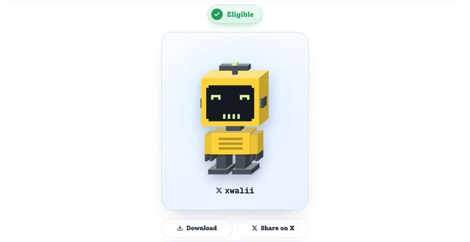 A digital collectible card shows a yellow blocky robot character labeled "X xwalii", marked as "Eligible" with options to "Download" and "Share on X".