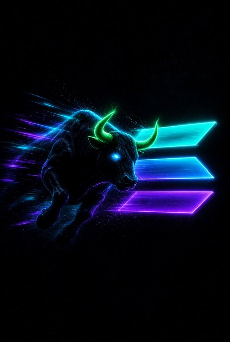 A neon-lit bull with glowing green horns charges forward in dynamic motion, its silhouette illuminated by streaks of purple and blue light against a black background, with three bright cyan horizontal bars positioned to its right—perfectly capturing the bullish, "horns up" market sentiment referenced in the post.