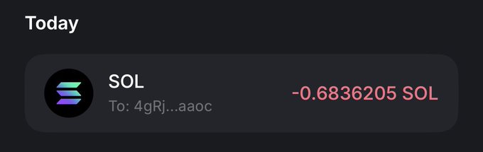 A cryptocurrency transaction interface showing a transfer of -0.6836205 SOL sent to address 4gRj...aaoc, likely representing the partial prize payout from a 1 SOL giveaway contest mentioned in the post.