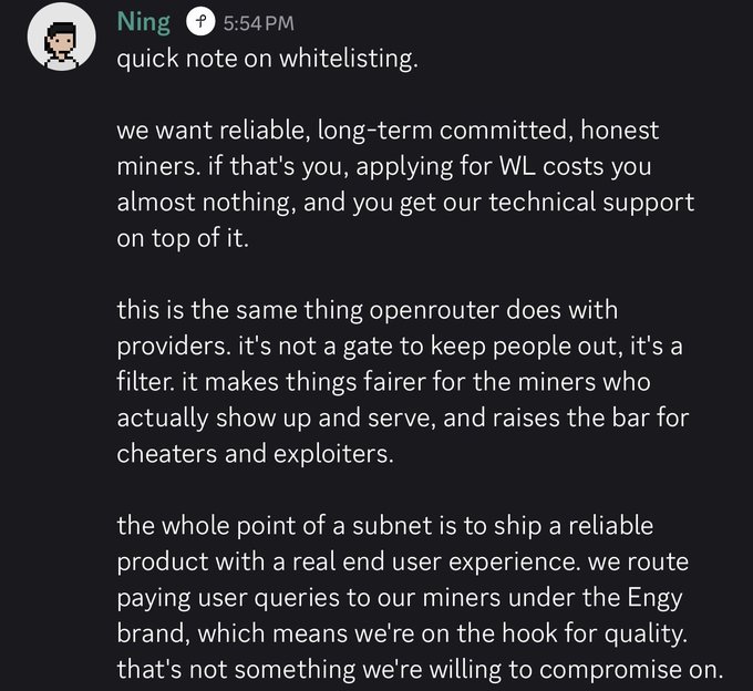 A Discord message from user 'Ning' at 5:54 PM discussing whitelisting, stating they want reliable long-term committed honest miners and explaining the purpose of their subnet for shipping a reliable product with real end user experience.