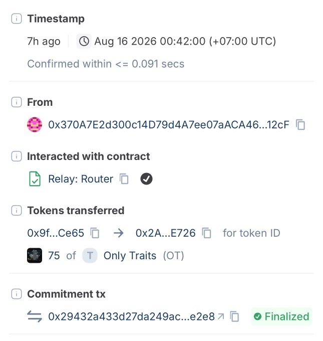 A blockchain transaction record timestamped Aug 16 2026 showing the transfer of 75 'Only Traits (OT)' tokens via Relay: Router.