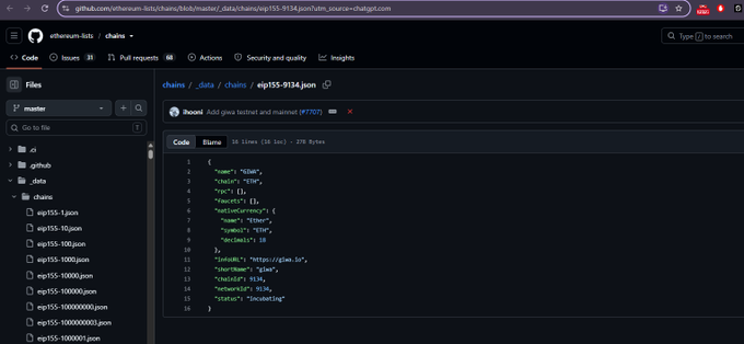 A GitHub code editor interface displaying a JSON file (elg155-9134.json) within a 'chains' repository, showing key-value pairs like 'name', 'chain', 'rpc', 'symbol', and 'decimals'.