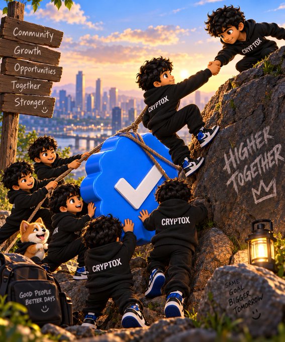 A group of cartoon characters in black "CRYPTOX" hoodies work together to climb a rocky hill, with one reaching up to pull another higher, alongside a large blue checkmark logo and signs reading "Community Growth Opportunities Together Stronger" and "HIGHER TOGETHER," visually embodying the post's message that strong teams and shared goals drive collective progress.