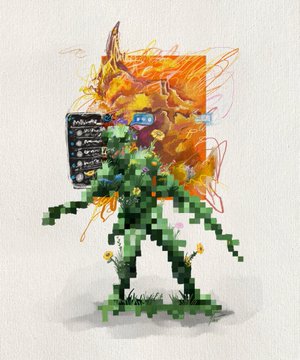 An artistic illustration featuring a pixel-art character with green legs holding a tablet displaying chat messages, surrounded by colorful paint splatters and flower elements on a white background.