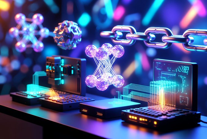 The image depicts a futuristic, neon-lit scene featuring glowing molecular or atomic structures, a large chain link, and holographic computer interfaces with digital displays, evoking a sense of advanced technology and blockchain connectivity. This visual aligns with the post about @quipnetwork's testnet, symbolizing the project's tech-driven, decentralized infrastructure and inviting users to engage with its network through node operation or community tasks.