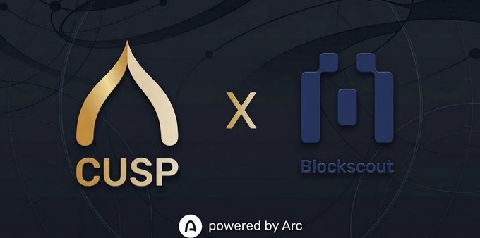 The image displays a partnership graphic featuring the gold CUSP logo alongside the blue Blockscout logo, connected by an "x" symbol, with "powered by Arc" text at the bottom. This visually represents the collaboration between CUSP and Blockscout on the Arc network, supporting the post's message about integrating token information verification into CUSP's launch experience on Arc.