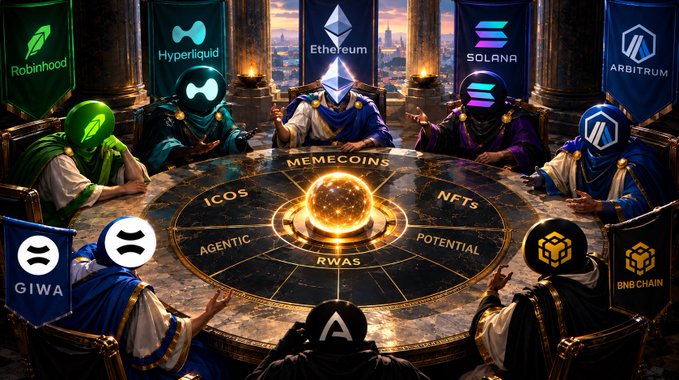A fantasy-style digital artwork depicting hooded figures representing cryptocurrencies—Robinhood, Hyperliquid, Ethereum, Solana, Arbitrum, GIWA, BNB Chain—seated around a circular table discussing MEMECOINS, ICOs, NFTs, AGENTIC, RWAS, and POTENTIAL.