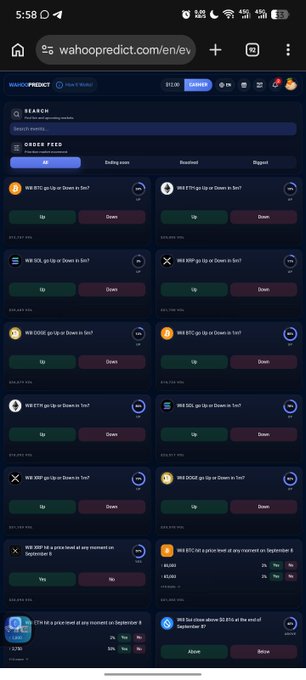 A mobile screenshot of the website wahoopredict.com/en/ displaying a grid of crypto order feed predictions (including BTC, ETH, SOL, XRP, DOGE, BNB, LINK, INJ, BCH, SUI) with Up/Down options.