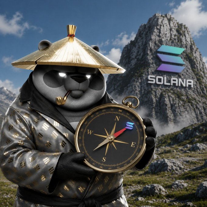 A panda in samurai garb holding a compass stands before a mountain displaying the Solana logo, symbolizing guidance toward new opportunities. The image ties to the message by evoking a spirit of direction and possibility at the start of a new day.
