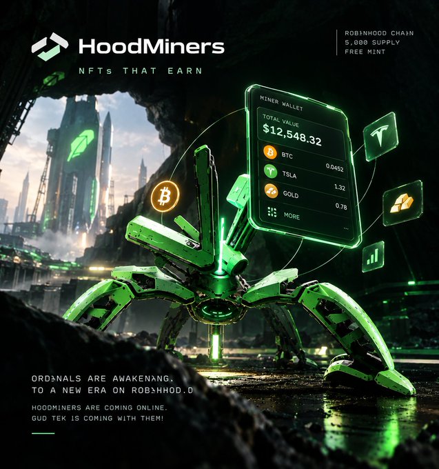 A promotional graphic for "HoodMiners" featuring a green robotic crab-like machine displaying a "MINER WALLET" with a total value of $12,548.32 in BTC, TSLA, and GOLD, set against a futuristic cityscape.