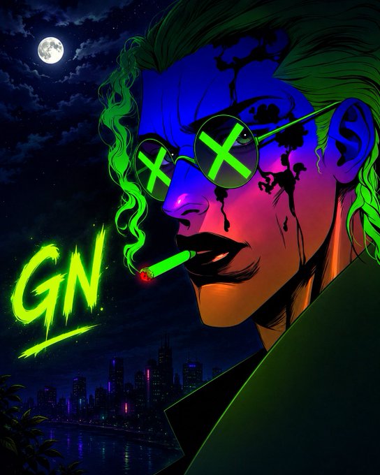 A neon-lit illustration depicts a stylized figure with green hair and X-shaped sunglasses smoking a cigarette, with the glowing green letters 'GN' set against a night sky featuring a full moon and city skyline.