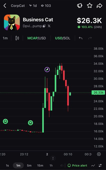 A mobile chart for "Business Cat" ("Dpvi...pump") showing a price of "$26.3K" with a "103.4% (24h)" gain, displaying green and red candlesticks in MCAP/USD and USD/SOL pairs.