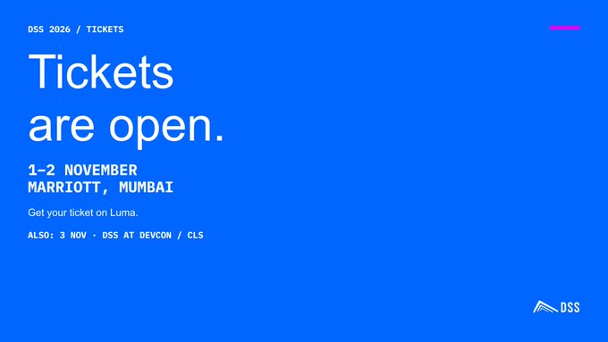 A blue promotional banner for DSS 2026 tickets, announcing 'Tickets are open' for the event on 1-2 November at Marriott, Mumbai.