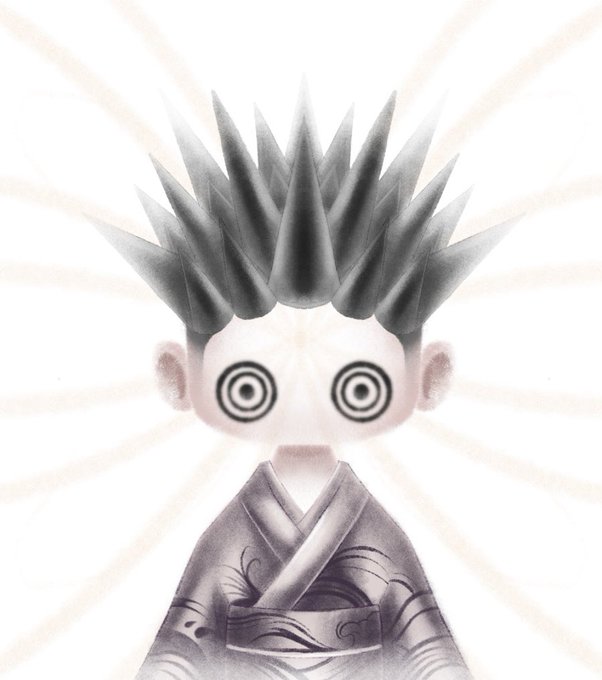 A pale, surreal illustration depicts a child with spiky dark hair and hypnotic concentric-circle eyes, wearing a traditional robe against a white background with faint sunburst lines.