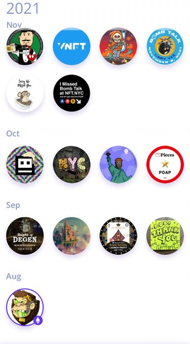 A 2021 timeline of circular NFT avatars and badges, including a blue 'NFT' logo, 'I Missed Boob Talk at NFT.NYC', 'Pieces POAP', and a 'DEGEN' token.