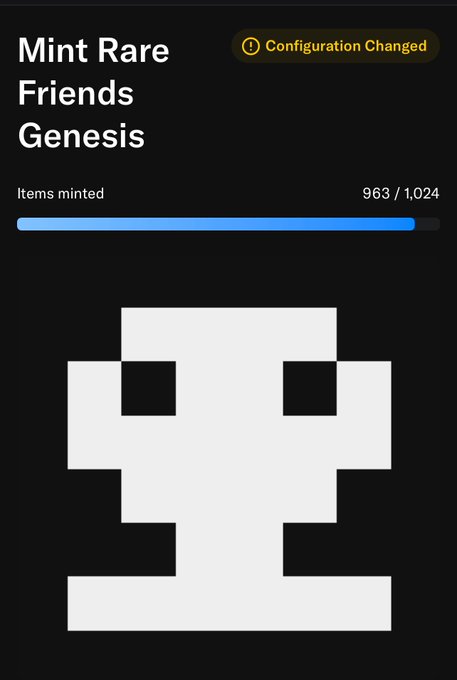 A mobile app screen titled "Mint Rare Friends Genesis" showing a progress bar with "963 / 1,024" items minted and a large pixel-art skull icon below a "Configuration Changed" notification.
