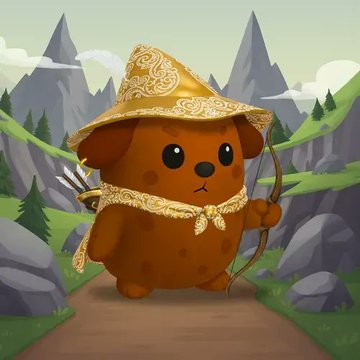A cartoon illustration of a teddy bear wearing an ornate golden hat and cape, holding a bow and arrows, standing on a mountain path.