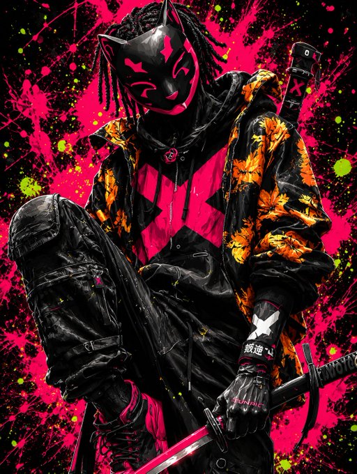A stylized illustration of a character wearing a fox-like mask with cat ears, dressed in a floral jacket and dark clothing, holding a sword against a vibrant pink and yellow splattered background.