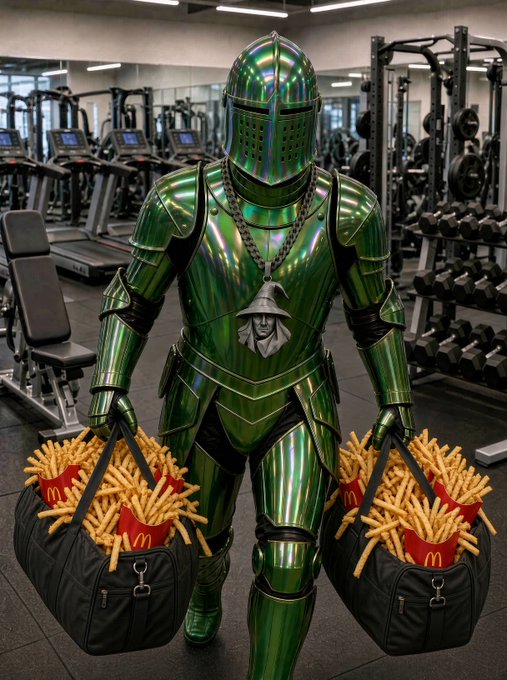 A figure in iridescent green knight armor stands in a gym holding two large black bags overflowing with McDonald's french fries.