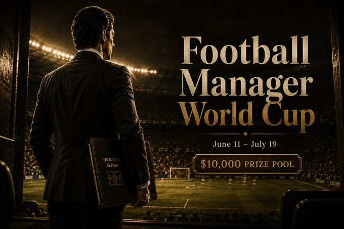 The image features a man dressed in a suit standing next to a soccer field with a crowd of people watching from behind him. The text "Football Manager World Cup" is displayed above the man's head, indicating that he is associated with managing a fund related to the World Cup. The background shows a stadium filled with spectators, emphasizing the popularity and excitement surrounding the event.