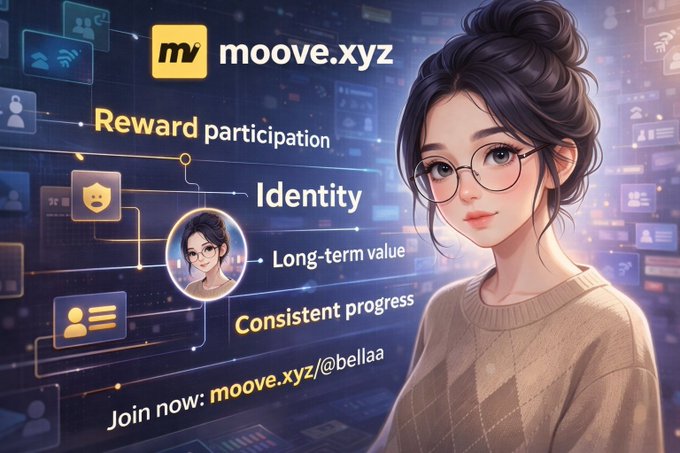 The image features a cartoon girl wearing glasses and a brown sweater standing next to a blue background filled with various network icons such as Wi-Fi and cell phones, accompanied by text that reads "join now @moovexyz" and "@bellala". The girl appears to be posing for a picture. The post emphasizes the importance of participating in meaningful activities rather than solely focusing on short-term hype or rewards. It encourages users to prioritize their growth within the community when engaging with the platform or applying the content offered, as seen in the network icons surrounding the girl and the post's central message.