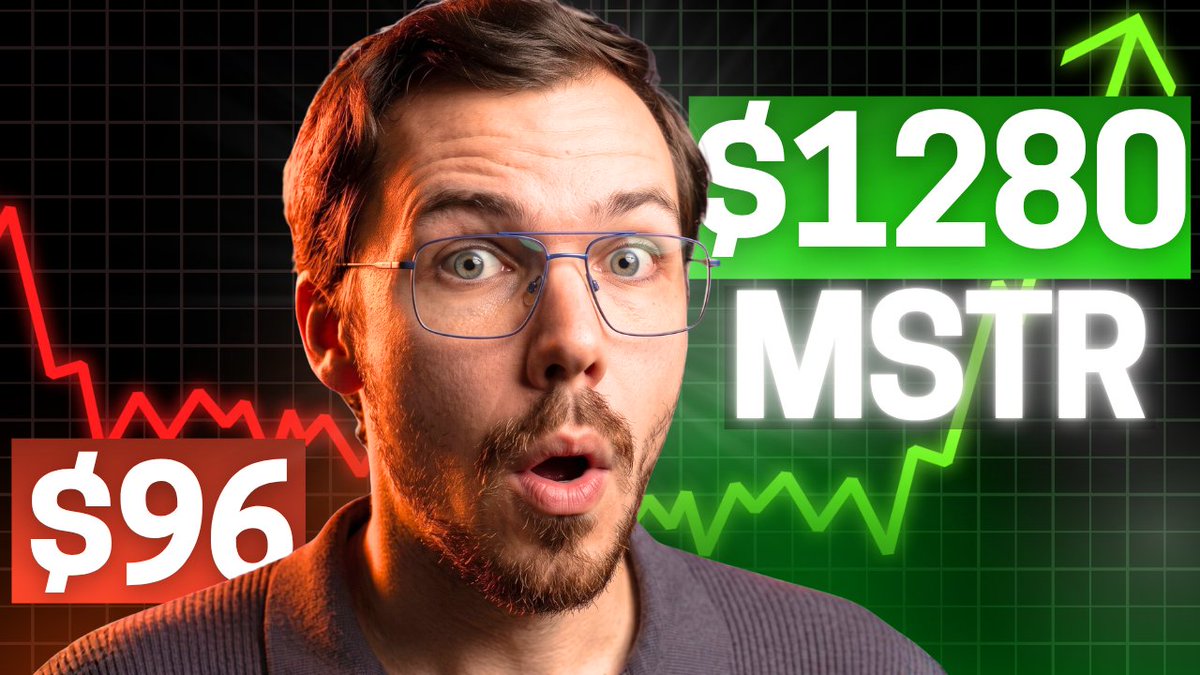YouTube thumbnail featuring a shocked-looking man with glasses and a goatee, with prominent green 'MSTR' stock price text at $1280 and a red '$96' label with downward-trending graph lines.