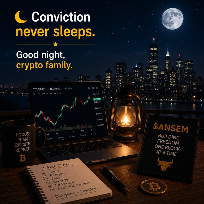A nighttime desk scene features a laptop displaying the BTC/USDT chart at $68,730 with a +1.28% change, alongside a lit lantern, a Bitcoin-branded mug reading "FOCUS PLAN EXECUTE REPEAT," and a notebook listing daily tasks like "Learn, Analyze, Plan, Execute, Be Patient, Trust the Process." A tablet displays "$ANSEM - BUILDING FREEDOM ONE BLOCK AT A TIME," reinforcing the post's theme of unwavering crypto conviction even as the city sleeps.