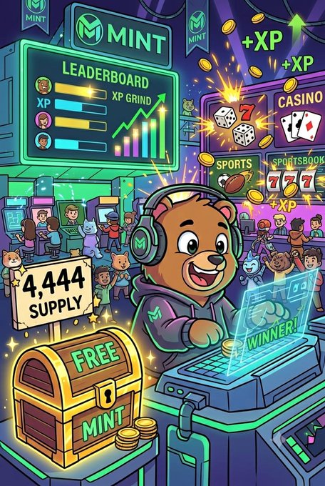 A cheerful bear mascot wearing "MINT" headphones works at a glowing control panel displaying "WINNER!" in a vibrant gaming ecosystem scene featuring a leaderboard, casino dice, sports betting, coins, and a "4,444 SUPPLY" "FREE MINT" treasure chest. The colorful illustration visually represents the post's message about PlayOnMint's unique gaming ecosystem that rewards real progression rather than relying on generic social campaigns.