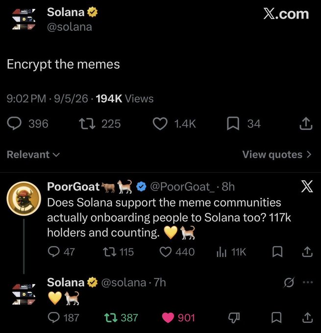 A screenshot of an X (Twitter) post from the official Solana account (@solana) captioned "Encrypt the memes," posted at 9:02 PM on 9/5/26 with 194K views, 396 comments, 225 reposts, and 1.4K likes. Below, user PoorGoat (@PoorGoat_) replies asking, "Does Solana support the meme communities actually onboarding people to Solana too? 117k holders and counting. 💛🐐," which Solana responds to with a heart and goat emoji (💛🐐). The post playfully reinforces the "Solana loves cat" caption by showing the Solana account engaging warmly with meme community users.